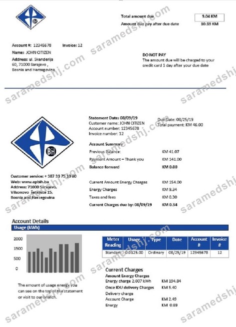 Bosnia and Herzegovina Elektroprivreda BiH electricity utility bill